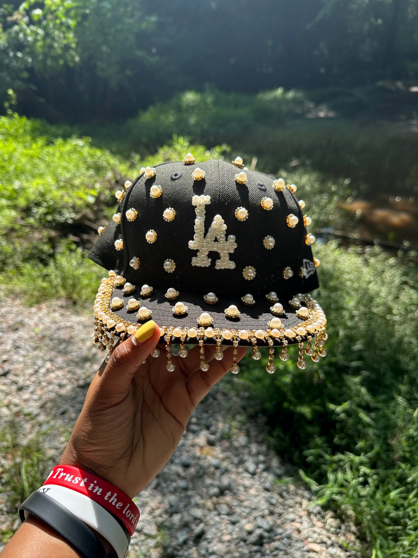 Pearl Rhinestone Fitted Hat + Detachable Head Scarf