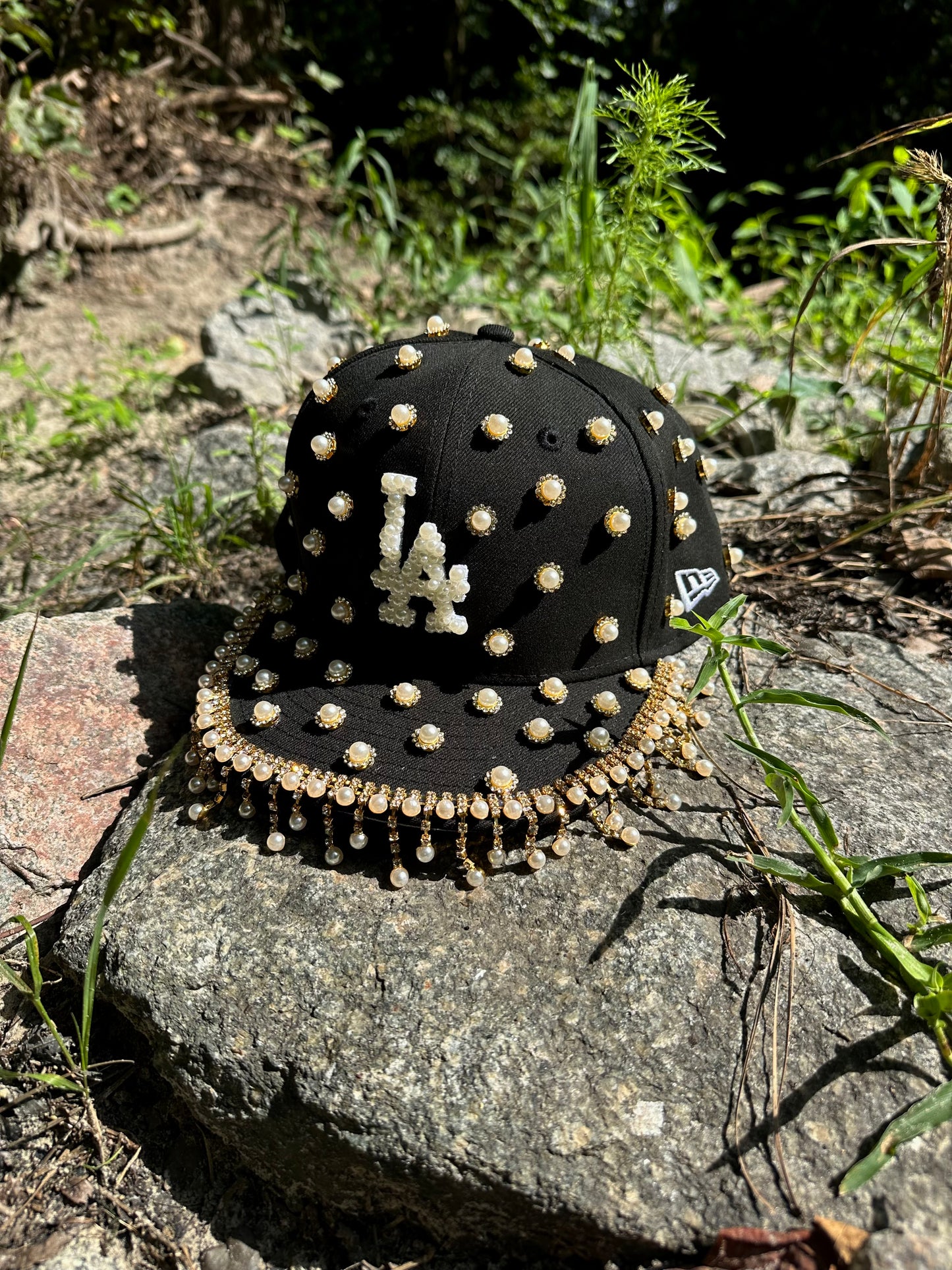 Pearl Rhinestone Fitted Hat + Detachable Head Scarf