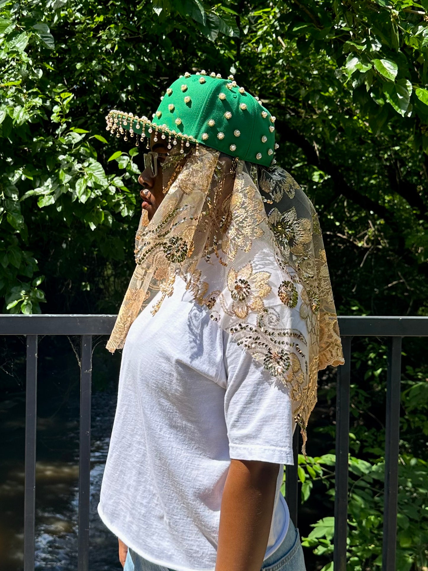 Pearl Rhinestone Fitted Hat + Detachable Head Scarf